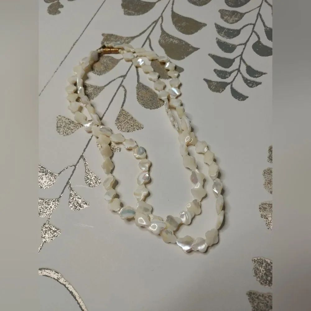 Two Strands of Vintage White Alabaster Abalone Shell Choker Collar Necklace